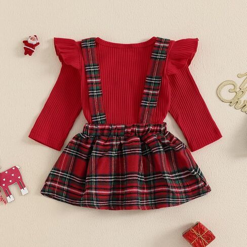 FYBITBO My First Christmas Baby Girl Outfits Newborn Infant Ribbed Romper Ruffle Plaid Skirt Overalls Dress Clothes Set in Saudi Arabia