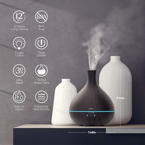 Essential Oil Diffuser,Anjou 500ml Cool Mist Humidifier,One Fill for 12hrs Consistent Scent & Aromatherapy, World's First Diffuser with Patented Oil Flow System for Home & Office,Wood Grain in Saudi Arabia