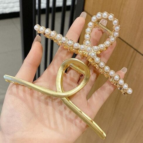 2 Pack Matte Gold Large Metal Hair Claw for Women with Pearls Non-Slip Hair Clips Thick Hair Threaded Gold Claw Clips Shining Strong Crab Claws Cross Hair Barrettes, Hair Clips, Clips and Barrettes in Saudi Arabia