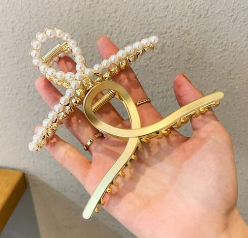 2 Pack Matte Gold Large Metal Hair Claw for Women with Pearls Non-Slip Hair Clips Thick Hair Threaded Gold Claw Clips Shining Strong Crab Claws Cross Hair Barrettes, Hair Clips, Clips and Barrettes in Saudi Arabia