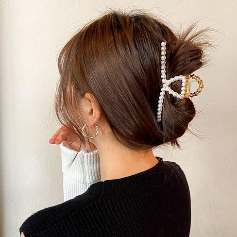 2 Pack Matte Gold Large Metal Hair Claw for Women with Pearls Non-Slip Hair Clips Thick Hair Threaded Gold Claw Clips Shining Strong Crab Claws Cross Hair Barrettes, Hair Clips, Clips and Barrettes in Saudi Arabia