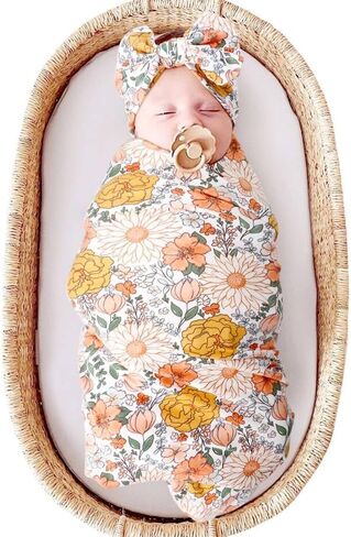 DRESHOW BQUBO Newborn Floral Receiving Blankets Newborn Baby Swaddling with Headband Set Warm Shower Gift in Saudi Arabia