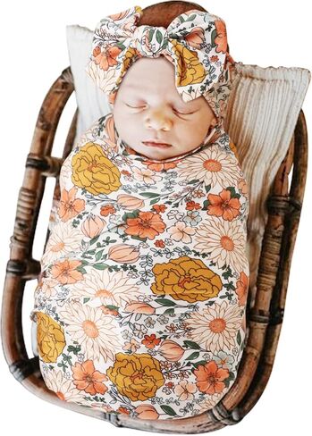 DRESHOW BQUBO Newborn Floral Receiving Blankets Newborn Baby Swaddling with Headband Set Warm Shower Gift in Saudi Arabia