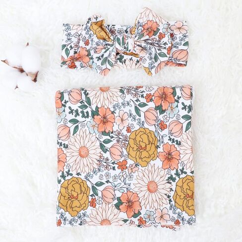 DRESHOW BQUBO Newborn Floral Receiving Blankets Newborn Baby Swaddling with Headband Set Warm Shower Gift in Saudi Arabia