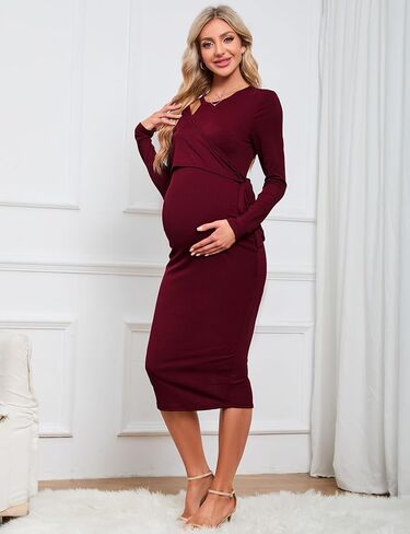 KOJOOIN Women's Maternity Ribbed Knit Dress Casual Long Sleeve Crewneck Bodycon Maxi Dress with Belt Photoshoot Baby Shower in Saudi Arabia