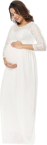 JustVH Maternity Casual Lace Chiffon Long Sleeves Empire Waist Long Maxi Dress with Belt for Baby Shower/Photoshoot in Saudi Arabia