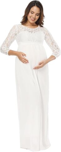 JustVH Maternity Casual Lace Chiffon Long Sleeves Empire Waist Long Maxi Dress with Belt for Baby Shower/Photoshoot in Saudi Arabia