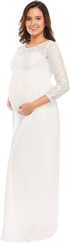 JustVH Maternity Casual Lace Chiffon Long Sleeves Empire Waist Long Maxi Dress with Belt for Baby Shower/Photoshoot in Saudi Arabia