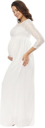 JustVH Maternity Casual Lace Chiffon Long Sleeves Empire Waist Long Maxi Dress with Belt for Baby Shower/Photoshoot in Saudi Arabia