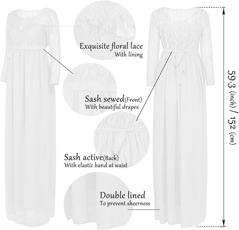 JustVH Maternity Casual Lace Chiffon Long Sleeves Empire Waist Long Maxi Dress with Belt for Baby Shower/Photoshoot in Saudi Arabia