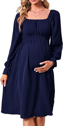 KOJOOIN Women's Maternity High Waist Dress Ruffle Long Sleeve Casual Fall Square Neck Flowy Midi Dress Baby Shower Photoshoot in Saudi Arabia