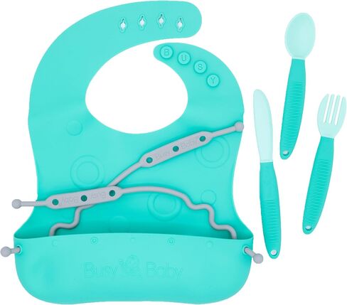 BUSY BABY Bungee Bib & Utensil Set – Adjustable Silicone Bib with Pocket & Tethered Utensils for Babies & Toddlers in Saudi Arabia