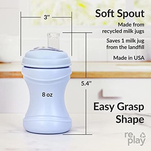Re-Play 8oz Pack of 3 Transition Sippy Cups for Baby Toddler, Medical Grade Silicone Soft Spout & Travel Lid, Easy to Hold Hourglass Shape, Made in USA from Recycled Milk Jugs - Frosty Mint in Saudi Arabia