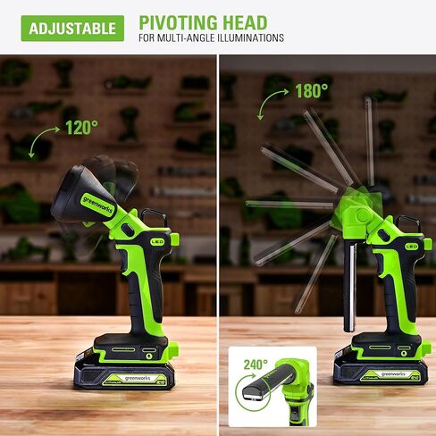 مصباح كشاف LED محمول بقوة 24 فولت من Greenworks مع مسافة 765 ياردة، مصباح عمل لاسلكي 3000 لومن مع بطارية 2 أمبير وشاحن in Kuwait