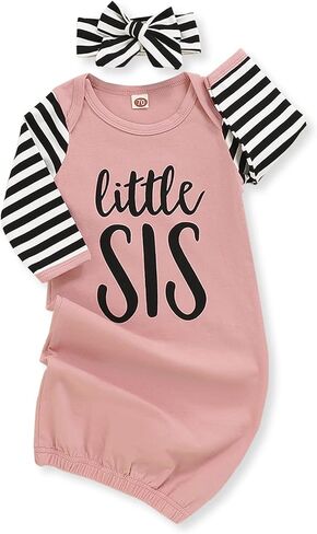 Kislio Newborn Baby Girls Boy Knotted Gown Floral Nightgown Sleeper Gown Swaddle Headband Hat Coming Home Outfit Set(Black1, 0-6 Months) in Kuwait