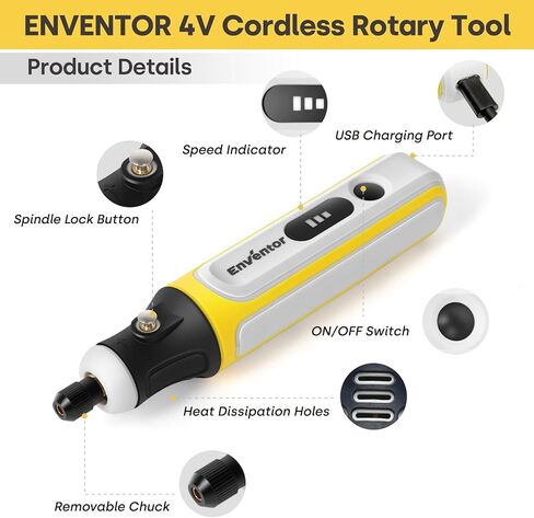Enventor Mini Cordless Rotary Tool, 4V Power Rotary Tool Kit with 75pcs Accessories, 3-Speed 15000RPM, USB Charging, Multi-Purpose Rotary Tool for Sanding, Polishing, Engraving, Drilling, DIY Crafts in Saudi Arabia