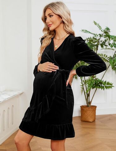 KOJOOIN Marternity Velvet Dress Wrap V Neck Puff Long Sleeve Ruffle Midi Dress with Belt Baby Shower Photoshoot in Saudi Arabia