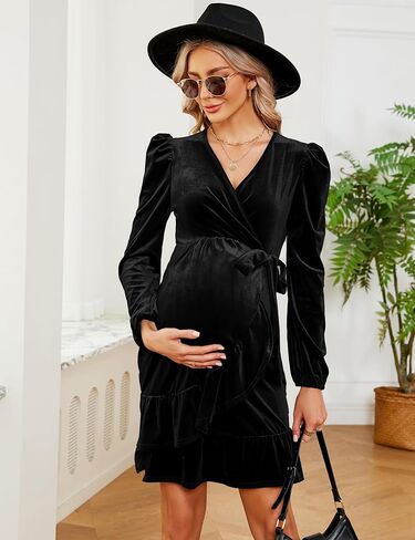 KOJOOIN Marternity Velvet Dress Wrap V Neck Puff Long Sleeve Ruffle Midi Dress with Belt Baby Shower Photoshoot in Saudi Arabia