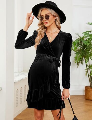KOJOOIN Marternity Velvet Dress Wrap V Neck Puff Long Sleeve Ruffle Midi Dress with Belt Baby Shower Photoshoot in Saudi Arabia