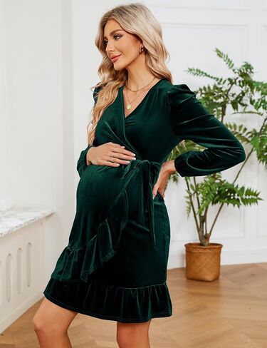 KOJOOIN Marternity Velvet Dress Wrap V Neck Puff Long Sleeve Ruffle Midi Dress with Belt Baby Shower Photoshoot in Saudi Arabia