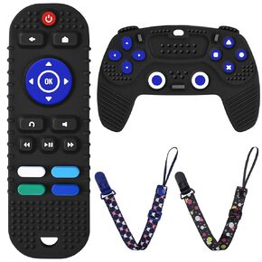 2PCS Silicone Baby Teething Toys, Remote Control Shape Teething Toys and Game Controller Teether Toy with 2PCS Pacifier Clip, BPA Free Silicone Remote Teether for Baby 3+ Months,Frozen(Bule&Pink)