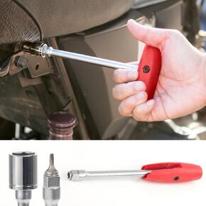 KiWAV 2-Way 3/8" Spinner Handle and Magnetic 1/4" Bit Holder Foldable T-Handle or Sraight 3/8" Sqaure Drive Red Grip Socket Wrench Screwdriver Tool
