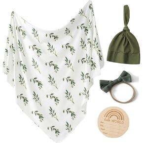 Little Jump stretchy baby Swaddle Blanket and Hat Bow Set, Olive Branches Jersey Cotton Receiving Blanket, newborn hospital outfit for Boys (Green)