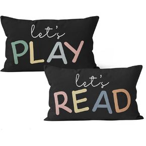 HIWX Kids Playroom Decor,Classroom Pillows Cover,Let's Read Play Decorative 12 x 20 Throw Pillow Cover,Lets Play Read Kids Reading Corner Room Playroom Nursery Decor Set of 2 Pillowcase(Black)