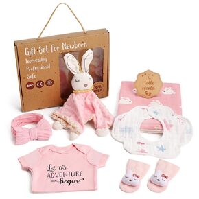 Lictin Baby Gift Set for Girls, 8PCS Baby Shower Gifts, Newborn Girl Gifts Basket with Baby Blanket, Unique Baby Gift Essential Stuff, Wooden Monthly Milestone Cards, Rabbit Security Blanket