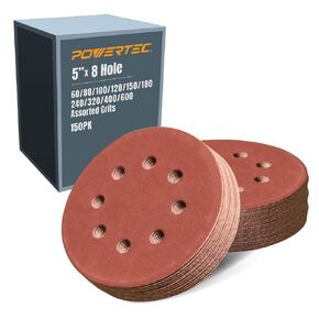 POWERTEC 5 Inch 8-Hole Hook and Loop Diamond Shaped Sanding Discs, 30-Pack Assorted Grits (60/80/120) for Random Orbital Sanders –J-Weight Cloth Backing for Long Life, Anti-Clog Sandpaper (44900)