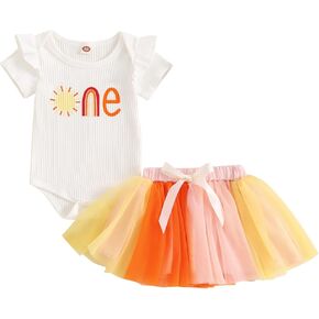1St Birthday Baby Girl Outfit First Trip Around The Sun Romper Tulle Tutu Skirt Dress One Year Old Birthday Gifts (Sun One Outfit-Yellow, 6-12 Months)
