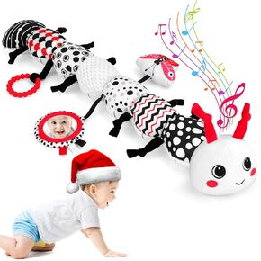 Baby Toys 0-12 Months - Musical Stuffed Animal Soft Plush Toys High Contrast Black & White Sensory Toys W/Rattle Mirror, Christmas Birthday Gifts for Infant Newborn 0 3 6 12 Months Boys Girls