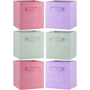 Storage Cubes, 11 Inch Cube Storage Bins for Organizing, Nonwoven Storage Cubes with Handles (Set of 6), Foldable Cube Storage Organizer for Arrangement and Sorting (Pink+cyan+purple)