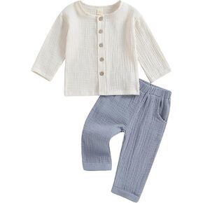 Thorn Tree Toddler Boys Girls Fall Outfits Long Sleeve Button Down Shirt Elastic Waist Pants 2Pcs Little Kids Clothes Set