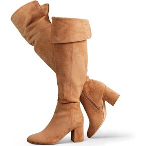 Putu Women's Thigh High Boots Block Heel Boots Over the Knee Faux Suede Tall Boots