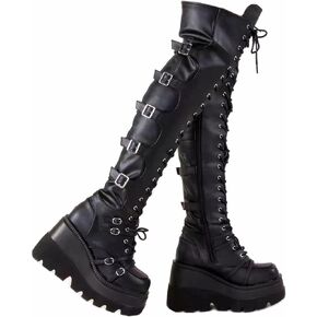 GUNIYIFS Over the Knee Boots for Women Goth Punk Boots Thigh High Boots Women's Motorcycle Boots with Buckles Side Lace Boots