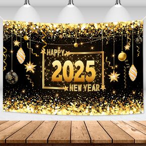 Mega-L Happy New Year 2025 Backdrop, XtraLarge New Year Banner 83x60 Inch Fabric Photo Backdrop, Black and Gold New Year Eve Party Background Decorations New Year Party Supplies 2025