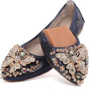 Womens Ballet Flats Foldable Rhinestone Pointed Toe Comfortable Slip on Wedding Flat Shoes Dress Flats for Women