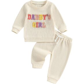 NZNDSHD Daddys Girls Baby Clothes Waffle Knit Mamas Girl Letter Embroidered Long Sleeve Sweatshirt Pants Set Fall Outfit