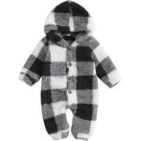 Dcohmch Baby Boy Girl Winter Clothes Checkered Hooded Jumpsuit Plush Fleece Zip-up Coat Newborn Infant Winter Suit