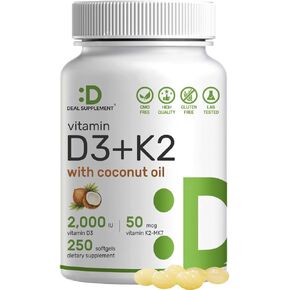 DEAL SUPPLEMENT Vitamin D3 K2 Softgel, 250 Count, 2-1 Complex, Vitamin D3 5000 IU & Vitamin K2 MK7, Promotes Heart, Bone & Teeth Health – Very Easy to Swallow