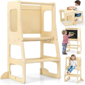 OLAKIDS Toddler Tower, 4 in 1 Foldable Kitchen Stool Helper Learning Standing Tower with Chalkboard Removable Safety Rail, Kids Wooden Collapsible Montessori Step Stool Table and Chair Set