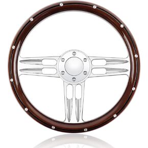 QYMOPAY Universal Racing Steering Wheel 14 Inch 6 Bolt Silver Aluminum 3 Spoke Muscle Style Steering Wheel with Horn Button for Racing/Rally/Motor sports Rivet Steering Wheel