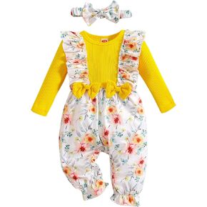 Baby Girl Clothes Romper Long Sleeve Floral Ruffle Suspender Jumpsuit Headband Newborn Infant Girl Spring 2pcs Outfit