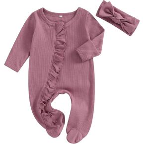 Newborn Baby Girl Coming Home Clothes Long Sleeve Jumpsuit and Headband Infant Fall Winter Outfits