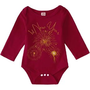 Unisex Baby 1st New Year Romper Newborn Boy Girl Fireworks Print Long Sleeve Bodysuit for 0-18 Months