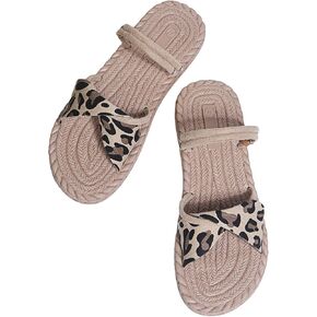 SweatyRocks Women's Leopard Print Slip On Flat Sandals Open Toe Strappy Outdoor Slide Slippers