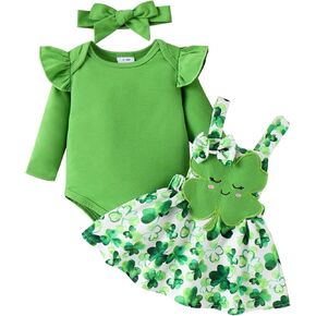 Newborn St Patricks Day Baby Girl Outfit Long Sleeve Romper Clover Suspender Skirt Set Cute Coming Home Outfit in Kuwait