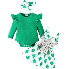 Newborn St Patricks Day Baby Girl Outfit Long Sleeve Romper Clover Suspender Skirt Set Cute Coming Home Outfit
