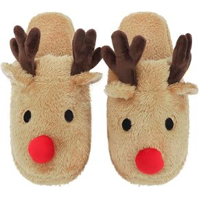 Womens Cute Reindeer Antlers House Slippers Funny Christmas Deer Horn Ear Indoor Home Shoes Plush Fuzzy Warm Bedroom Slippers